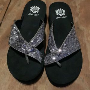 Sequin yellow box wedge style flip flops